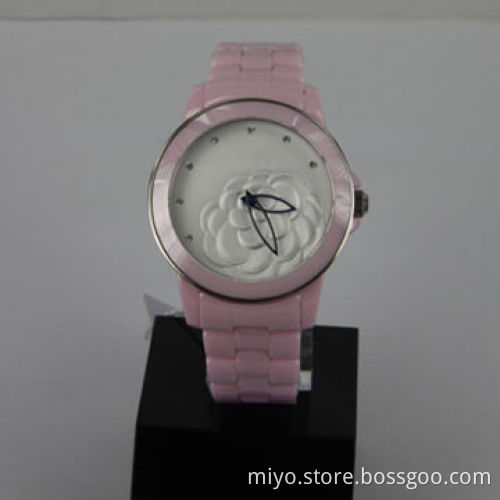 Pink Ceramic Watch with Embossed Pattern Dial, Japan Movement, Fancy, Stylish and Nice